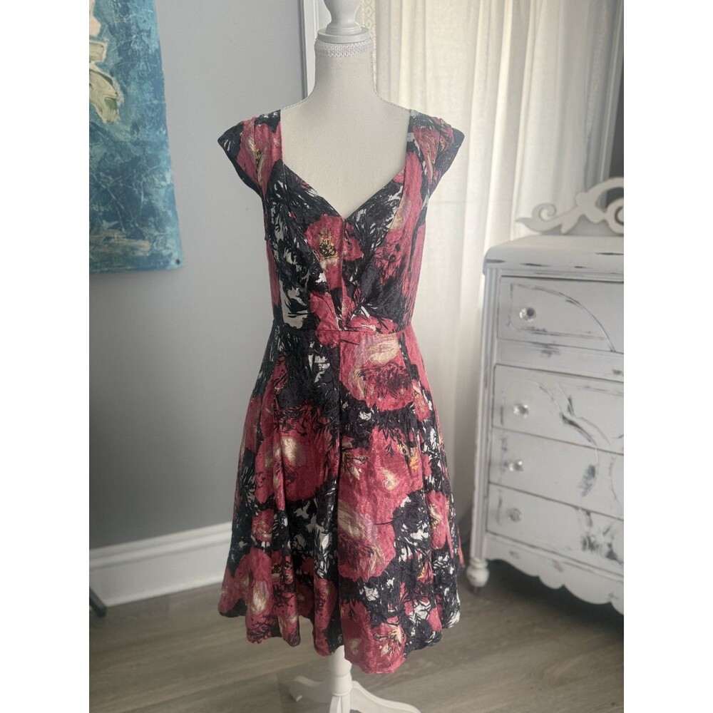 Tracy Reese Dahlia Mum Floral Linen Silk Fit Flare Dress Black Pink Sz 8